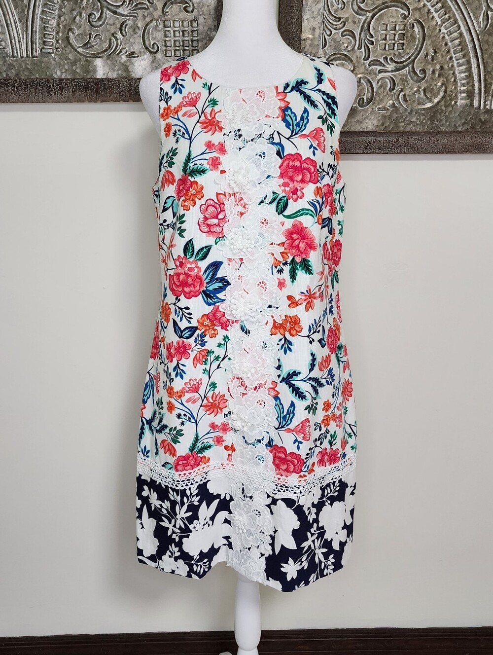Eliza J Women's Floral Crochet Embellished Sleeveless Mini Summer Dress Sz 8